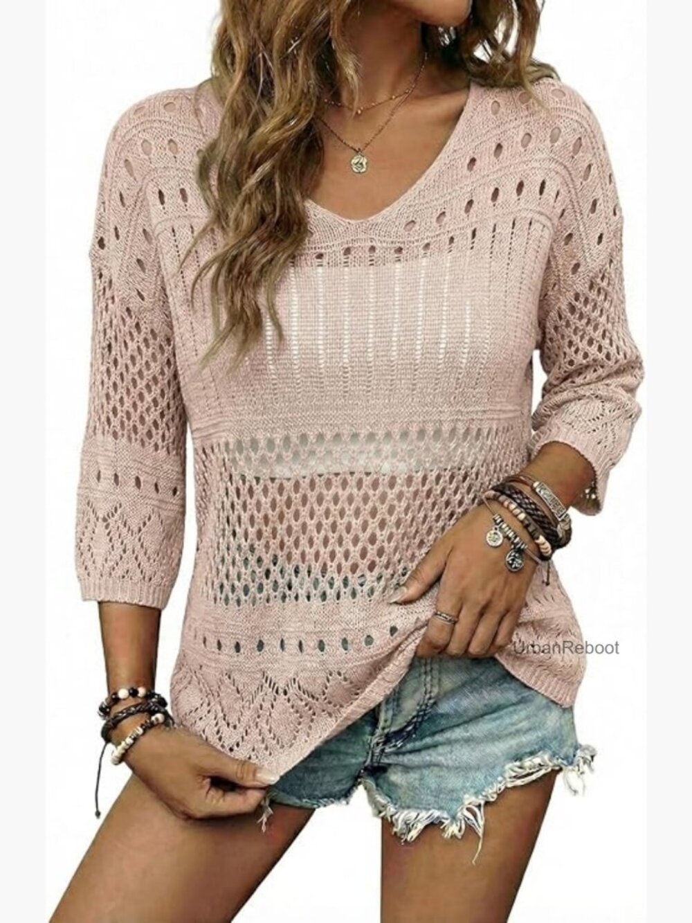 Lightweight Crochet Hollow Out 3/4 Sleeve Knit Pullover Top